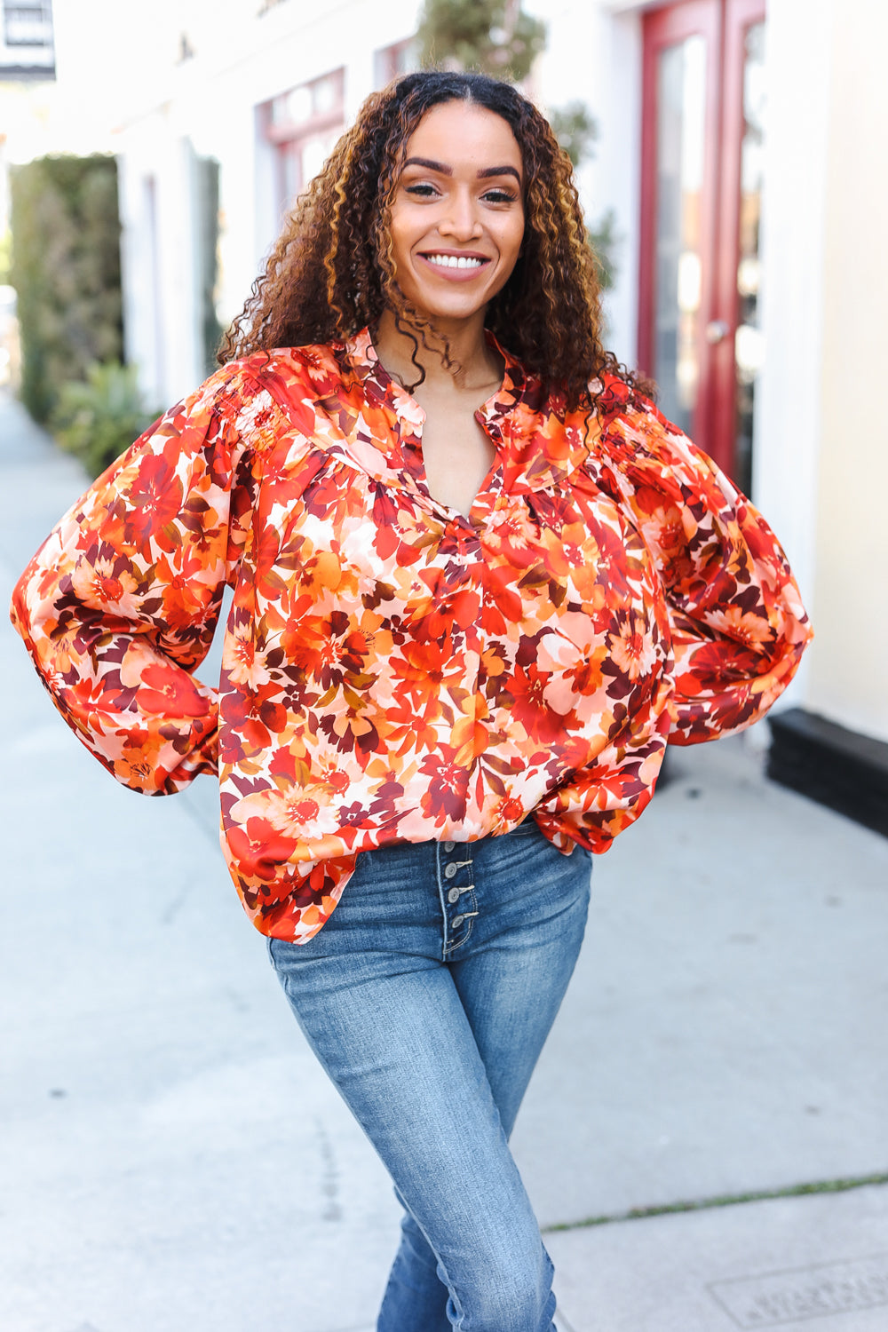 Fall Vibes Rust Floral Print Notched Neck Smocked Satin Top