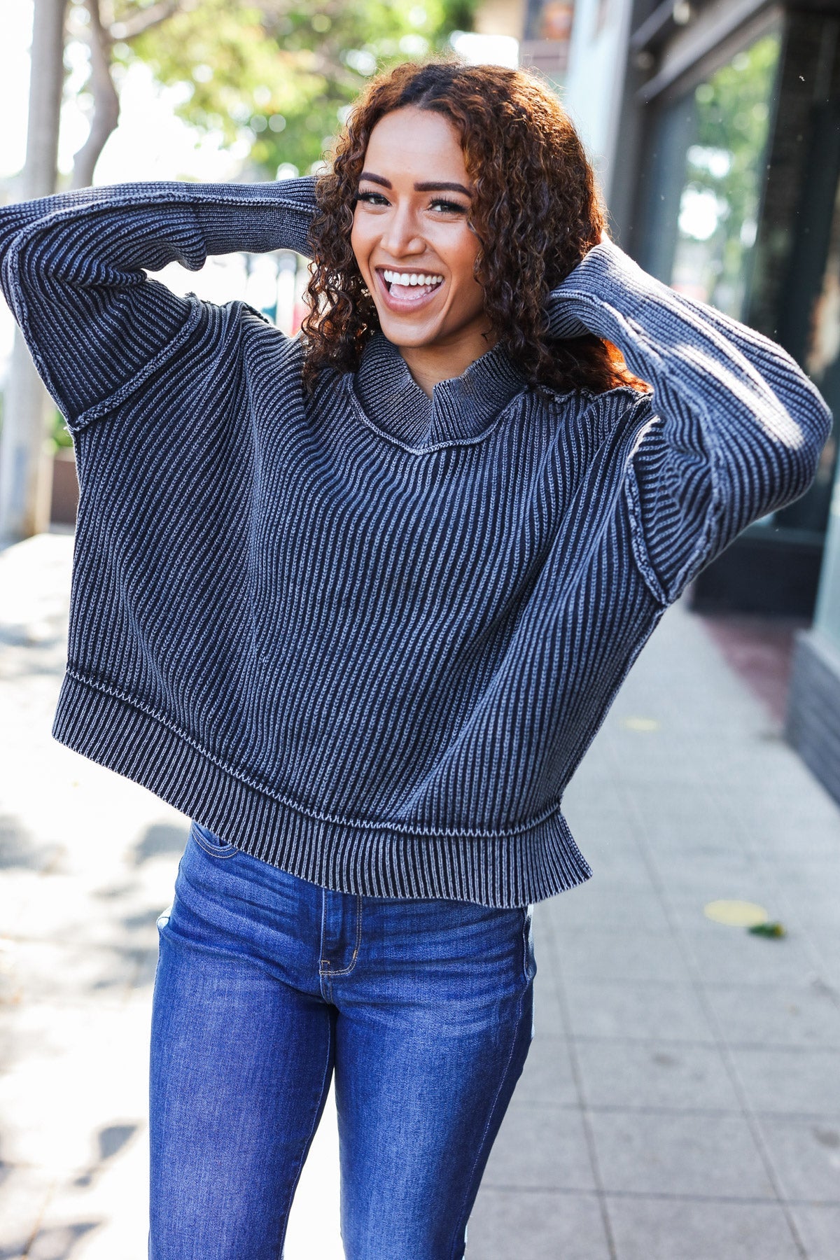 Looking Your Way Black Washed Rib Knit Cropped Sweater