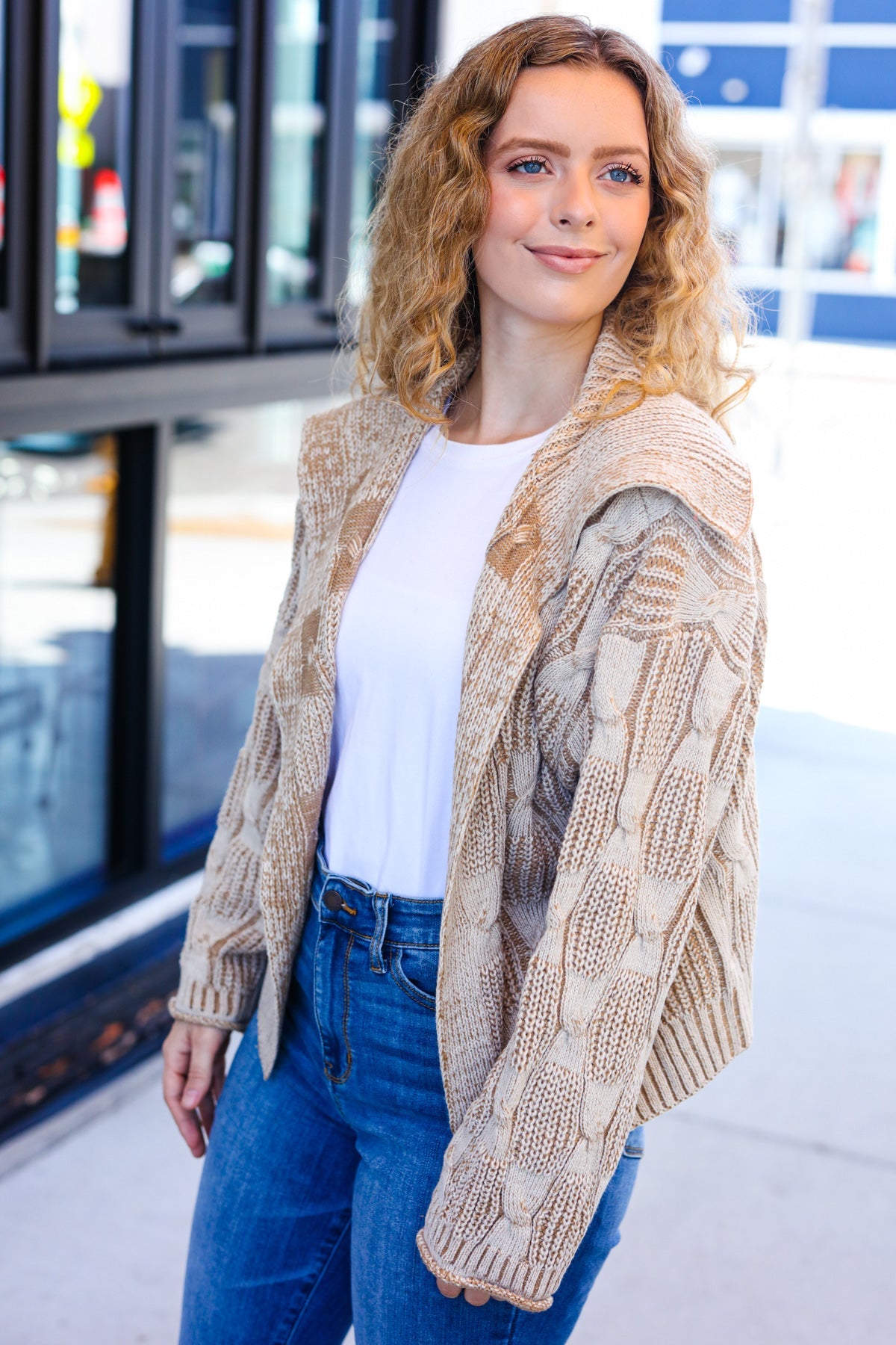 Autumn Vibes Taupe Textured Cable Knit Collared Cardigan