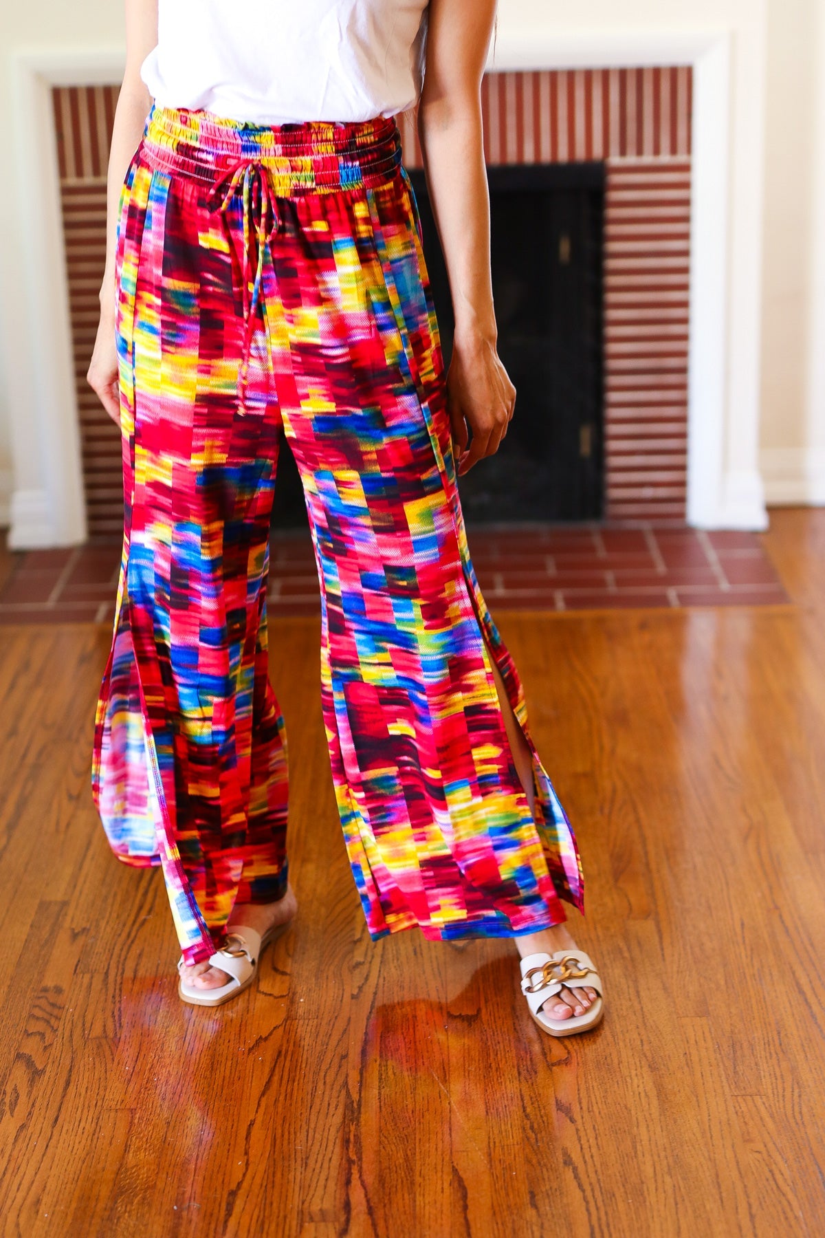 Vacay Vibes Kaleidoscope Smocked Waist Side Slit Palazzo Pants