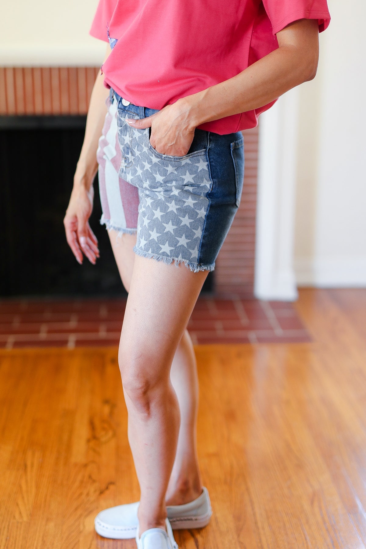 American Flag High Rise Frayed Hem Denim Shorts