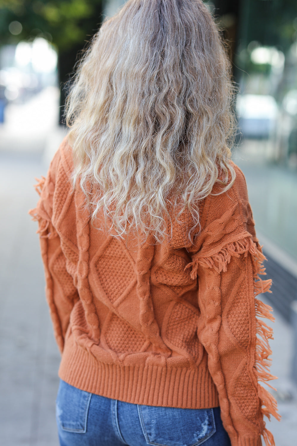 Joyful Days Rust Cable Knit Tassel Fringe Sweater