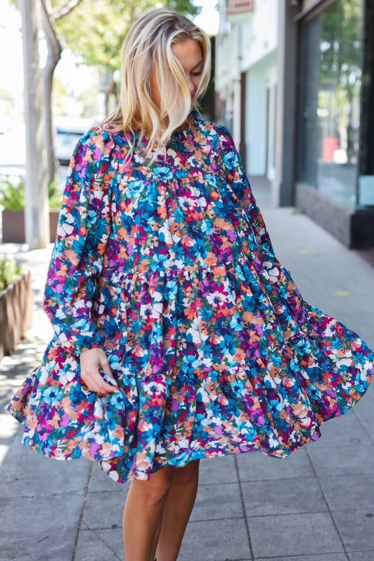 Beautiful You Teal & Berry Watercolor Floral Mock Neck Dress