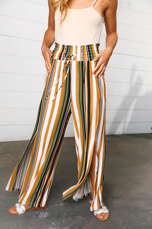 Tan & Green Vertical Stripe Smock Waist Side Slit Palazzo Pants