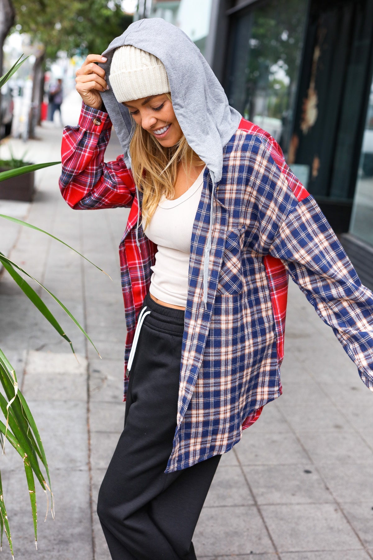 Main Attraction Red & Navy Plaid Color Block Button Down Hoodie