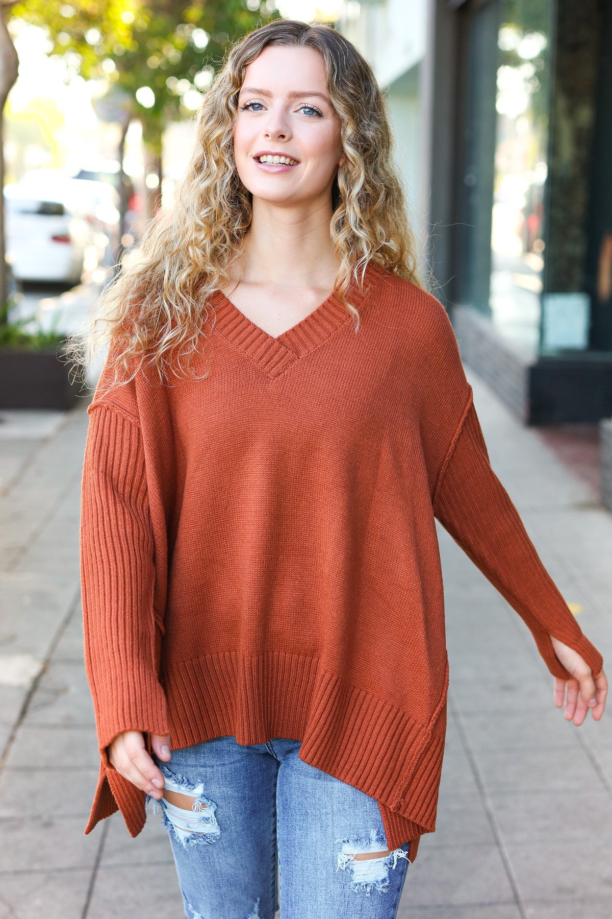 Casual Chic Rust Oversized V Neck Rib Knit Sweater