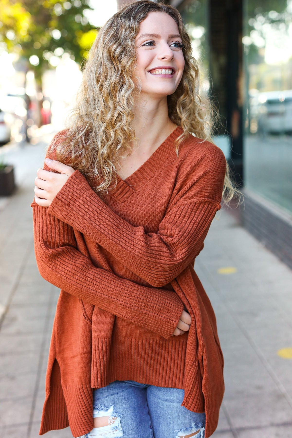 Casual Chic Rust Oversized V Neck Rib Knit Sweater