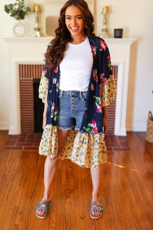 Navy & Yellow Colorblock Floral Chiffon Ruffle Kimono