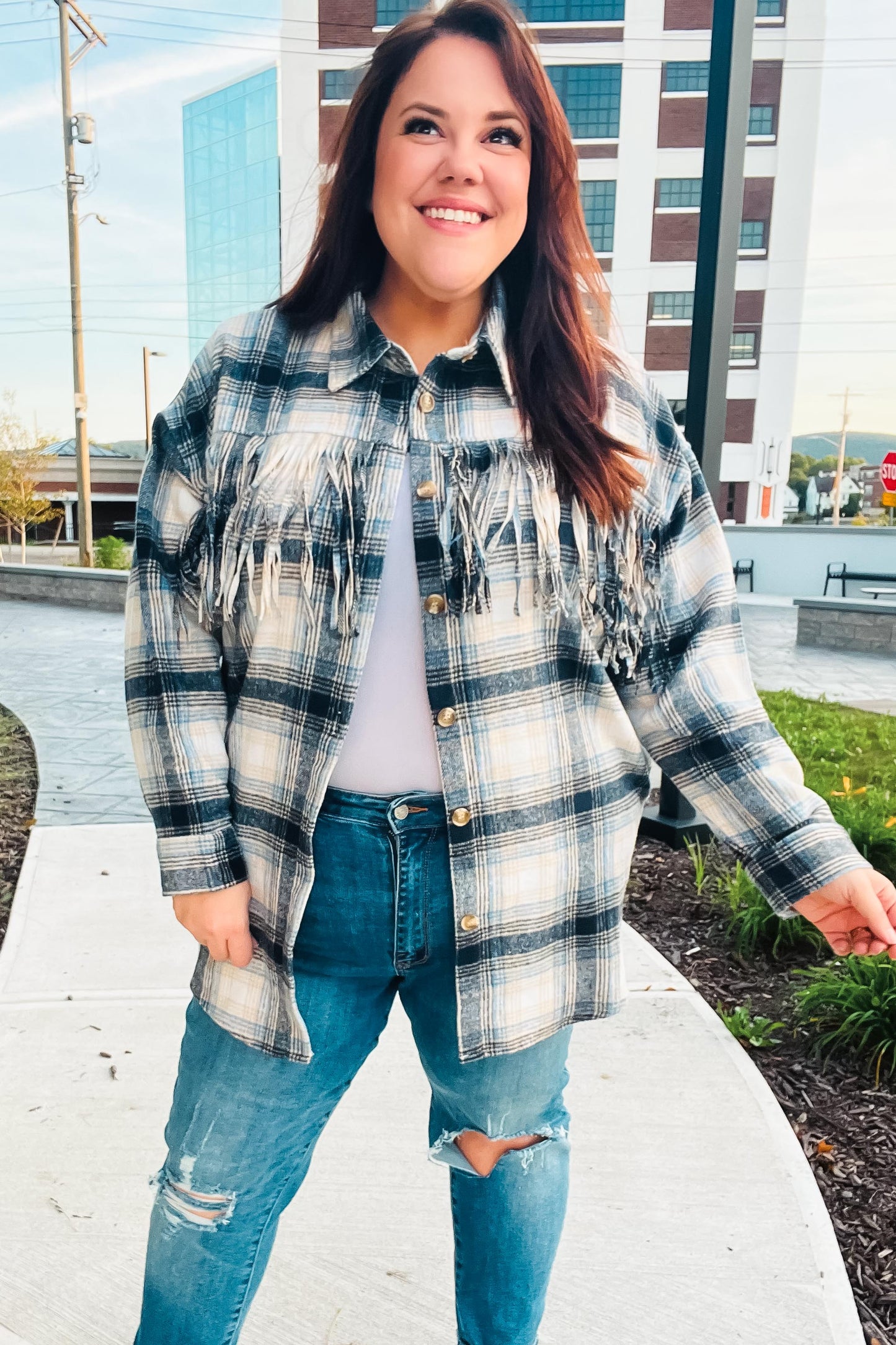 Boldly You Navy Plaid Fringe Button Down Shacket