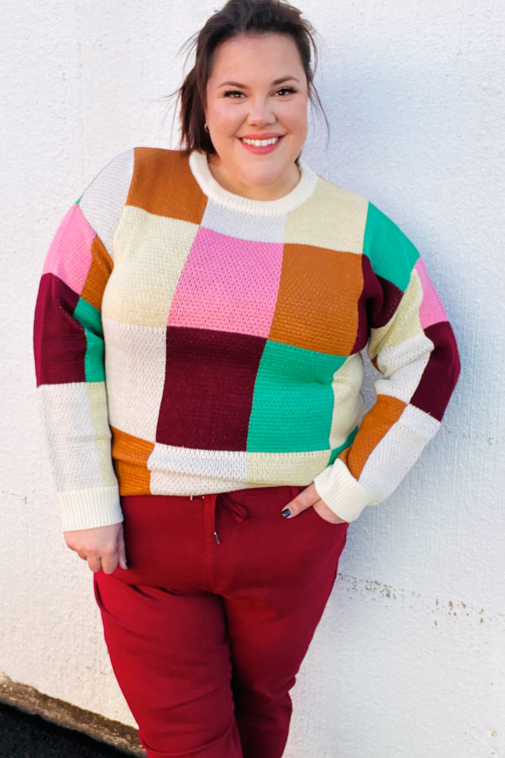 Adorable Ivory & Camel Checker Jacquard Knit Sweater