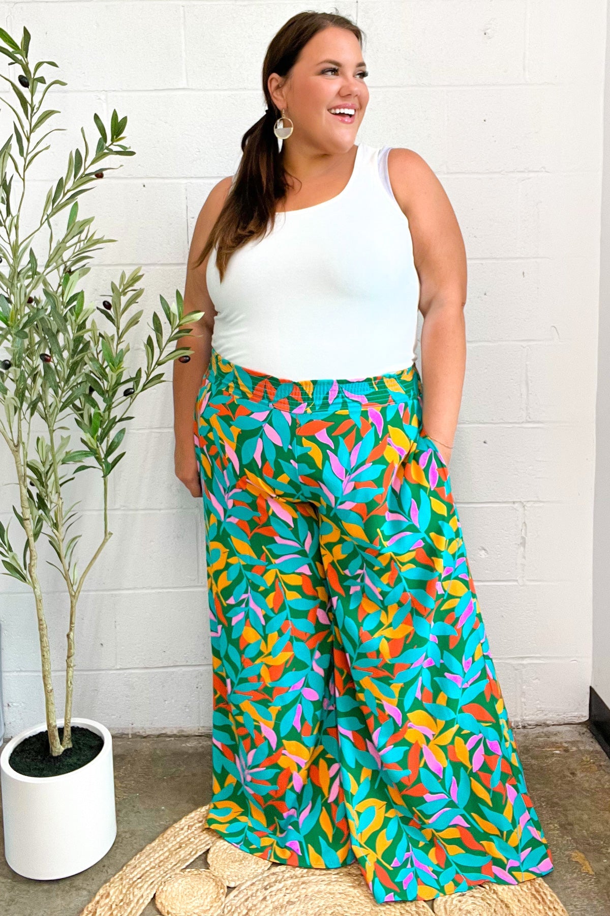 Summer Vibes Green & Orange Abstract Print Smocked Palazzo Pants