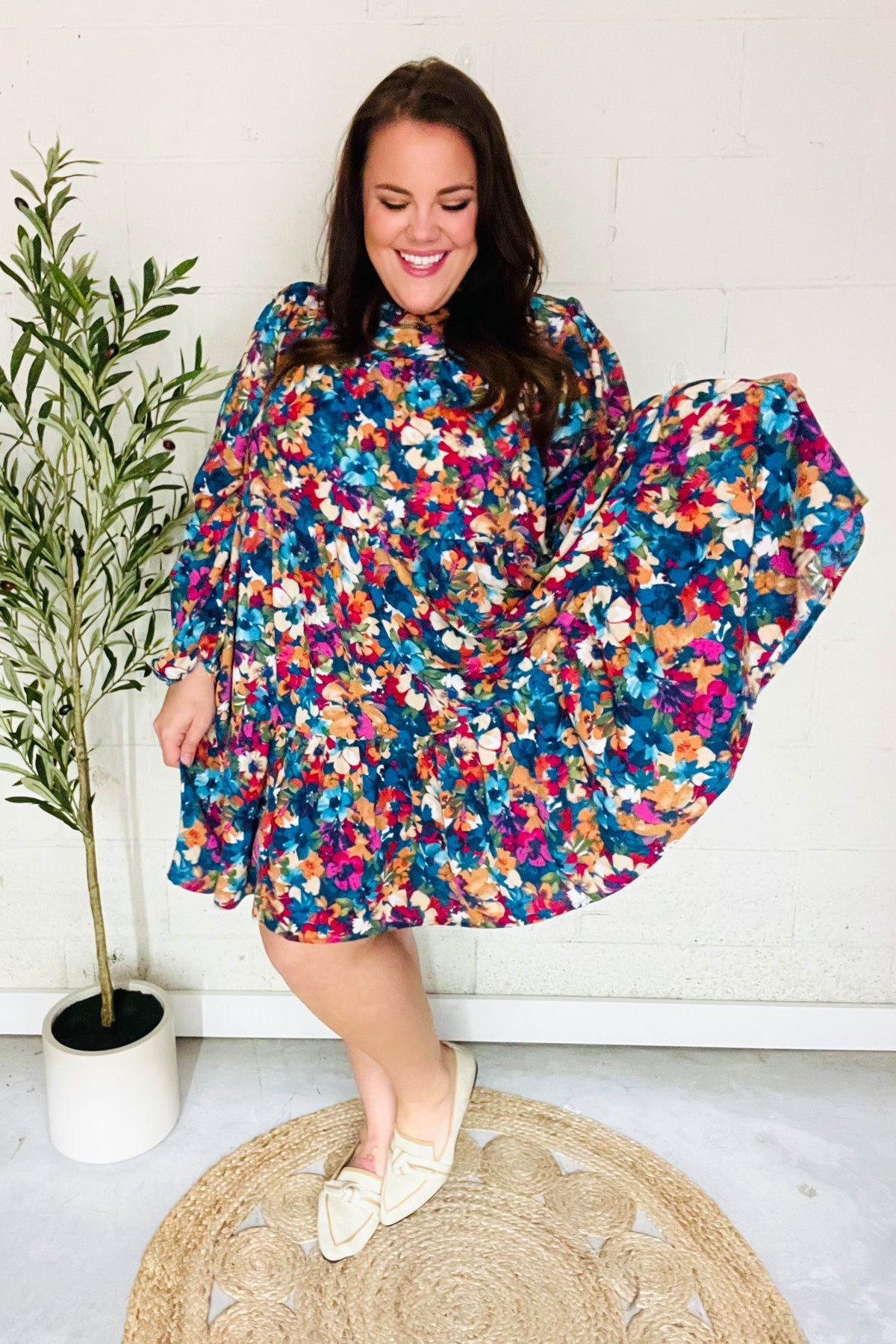 Beautiful You Teal & Berry Watercolor Floral Mock Neck Dress