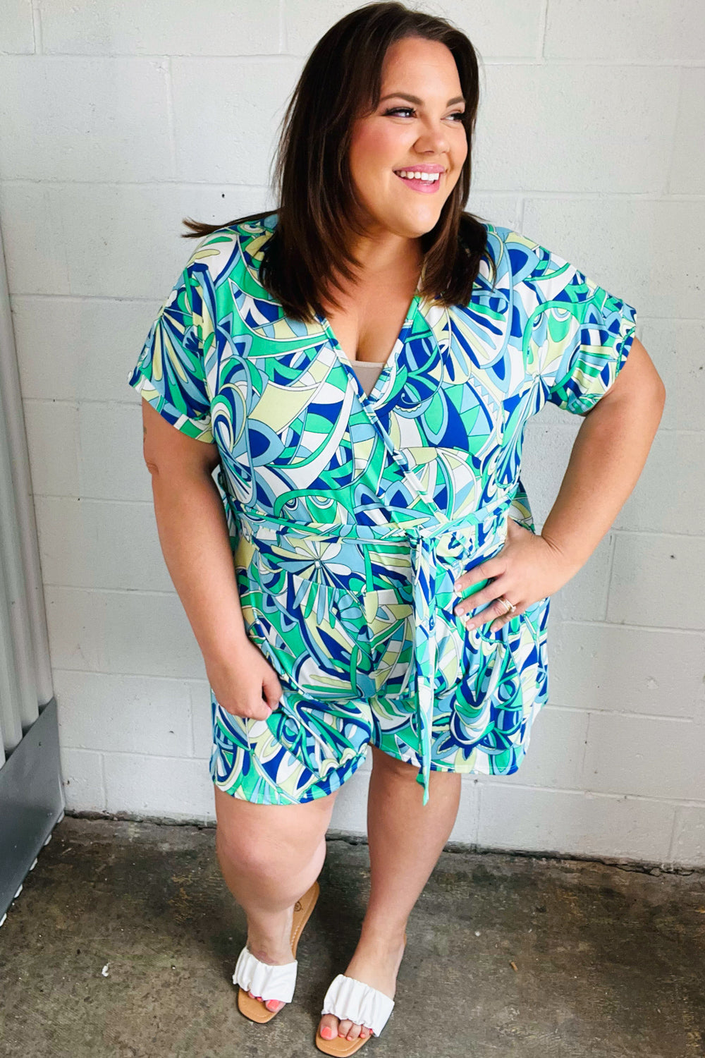 Green & Blue Geometric Print Surplice Romper